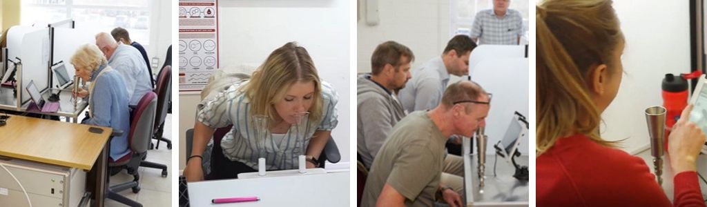 Visitors to the Silsoe Odours laboratory testing their noses on the olfactometer