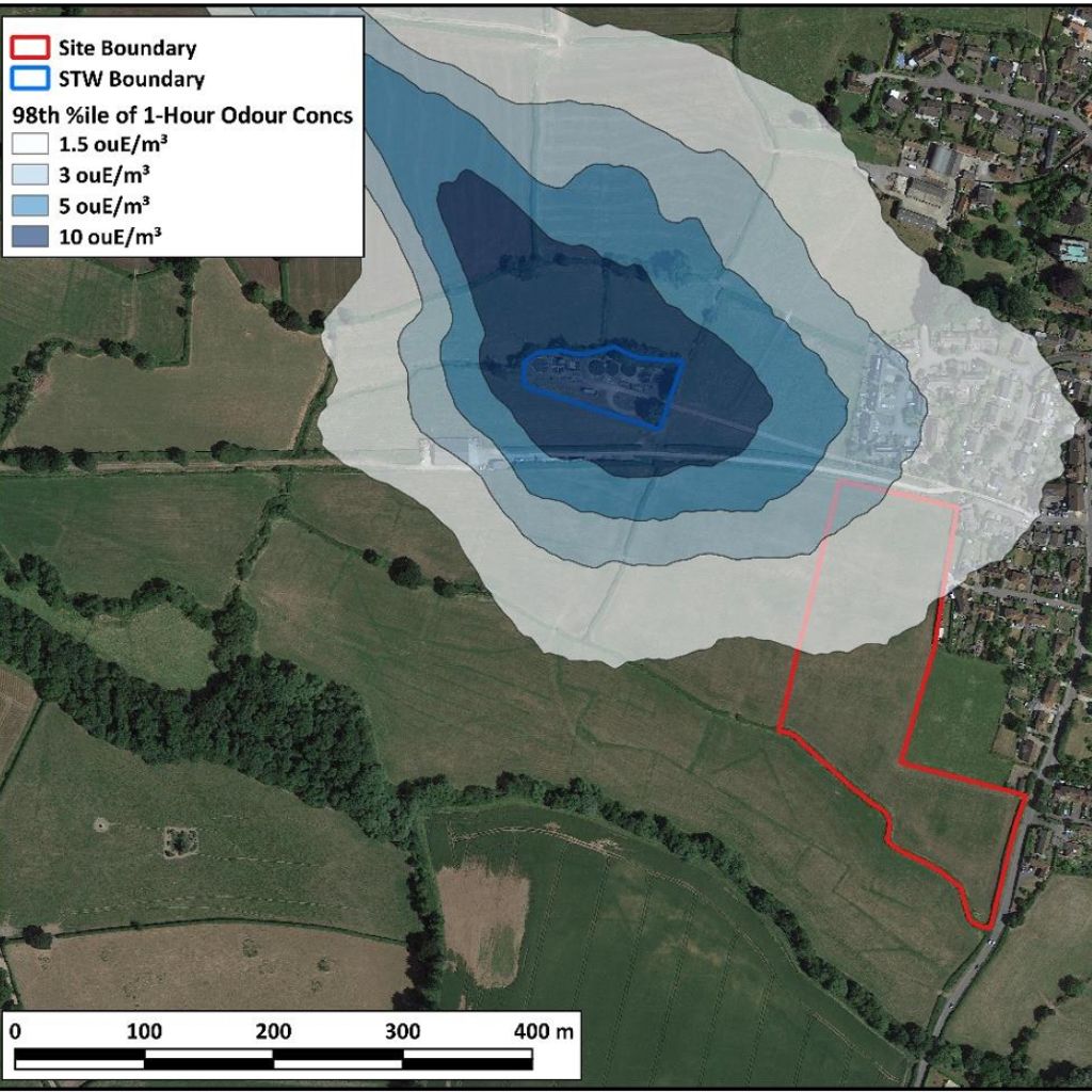 Example of an odour dispersion model, showing the odour impact on the nearby community